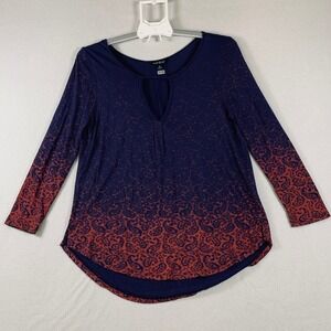 Lucky Brand Women 3/4 Sleeve Paisley Print Keyhole Top Blouse Blue Orange Size S